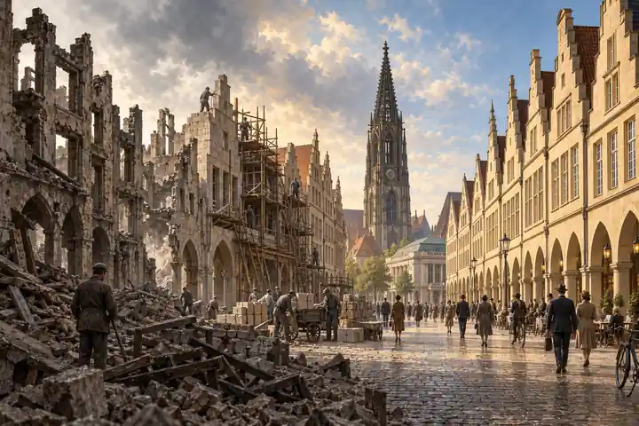 Editoriale Illustration des Prinzipalmarkts mit Kriegsruinen, Wiederaufbauarbeiten und dem wiederaufgebauten historischen Straßenraum